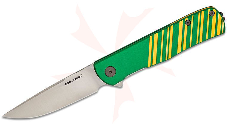 Real Steel Knives Karly Liner Lock Flipper Knife 3.11 inch VG-10 Satin Drop Point Blade, Green and Gold Aluminum Handles