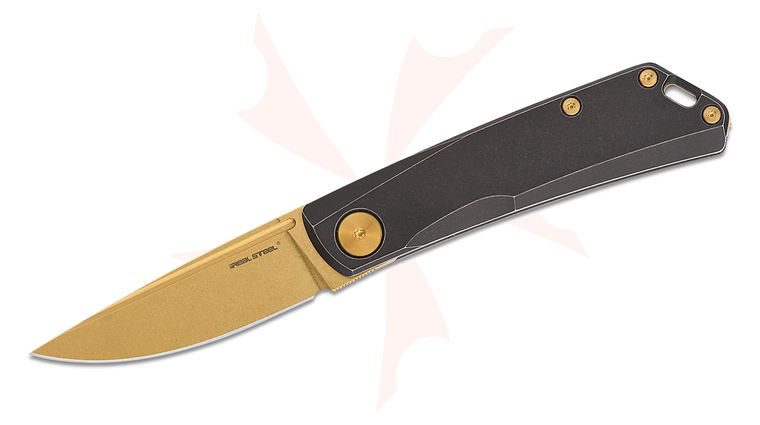 Real Steel Knives Luna Slipjoint Folding Knife 2.76 inch N690 Gold Stonewashed Drop Point Blade, Black Stonewashed Titanium Handles