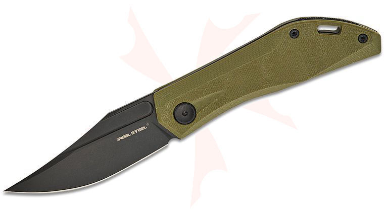 Real Steel Knives Poltergeist Works Ventus Lite Slipjoint Folding Knife 3.03 inch D2 Black PVD Clip Point Blade, OD Green G10 Handles