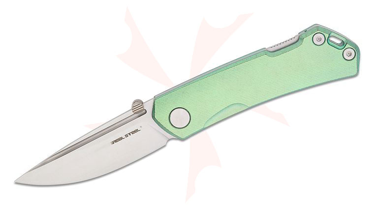 Real Steel Knives Luna Maius Lockback Folding Knife 3.03 inch N690 Satin Drop Point Blade, Milled Spring Green Titanium Handles