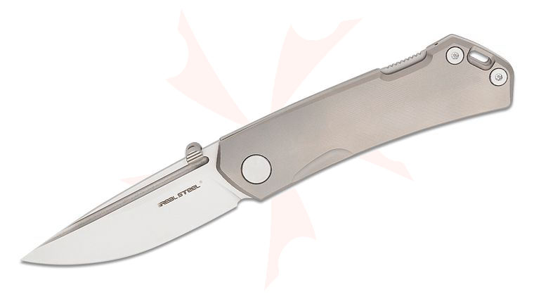 Real Steel Knives Luna Maius Lockback Folding Knife 3.03 inch N690 Satin Drop Point Blade, Milled Titanium Handles