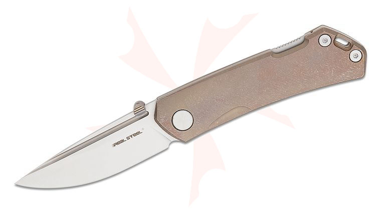 Real Steel Knives Luna Maius Lockback Folding Knife 3.03 inch N690 Satin Drop Point Blade, Milled Tan Bronze Titanium Handles