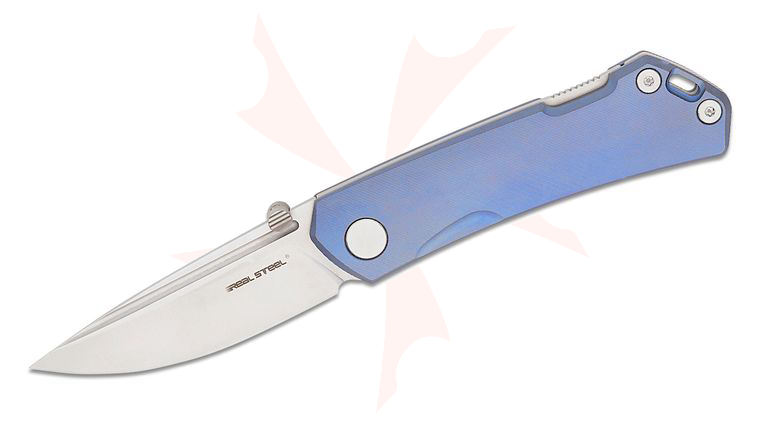 Real Steel Knives Luna Maius Lockback Folding Knife 3.03 inch N690 Satin Drop Point Blade, Milled Slate Blue Titanium Handles