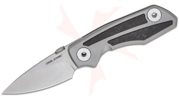 Real Steel Knives Delta 2600 Frame Lock Folding Knife 2.9 inch S35VN Stonewashed Drop Point Blade, Bead-Blasted Titanium Handles with Shredded Carbon Fiber Inlays
