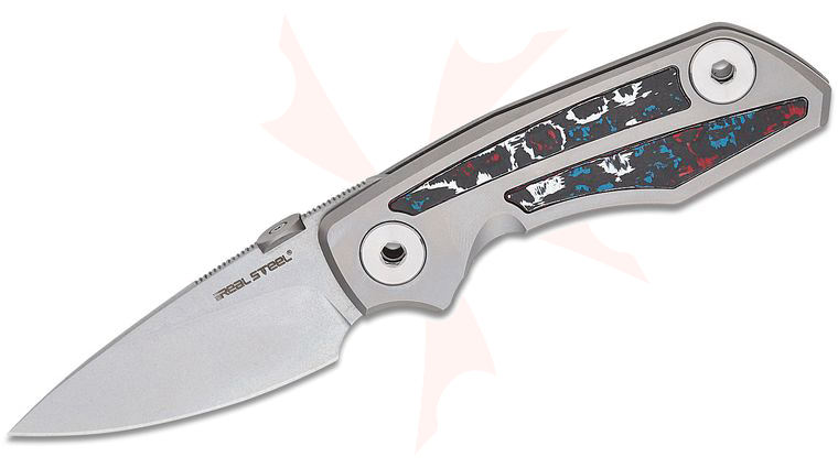 Real Steel Knives Delta 2600 Frame Lock Folding Knife 2.9 inch S35VN Stonewashed Drop Point Blade, Bead-Blasted Titanium Handles with Nebula FatCarbon Inlays