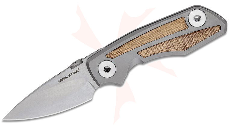 Real Steel Knives Delta 2600 Frame Lock Folding Knife 2.9 inch S35VN Stonewashed Drop Point Blade, Bead-Blasted Titanium Handles with Natural Canvas Micarta Inlays