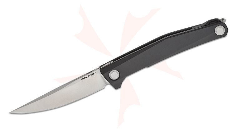 Real Steel Knives Poltergeist Works Teres Liner Lock Executive Flipper Knife 3.11 inch Nitro-V Satin Drop Point Blade, Black Aluminum Handles