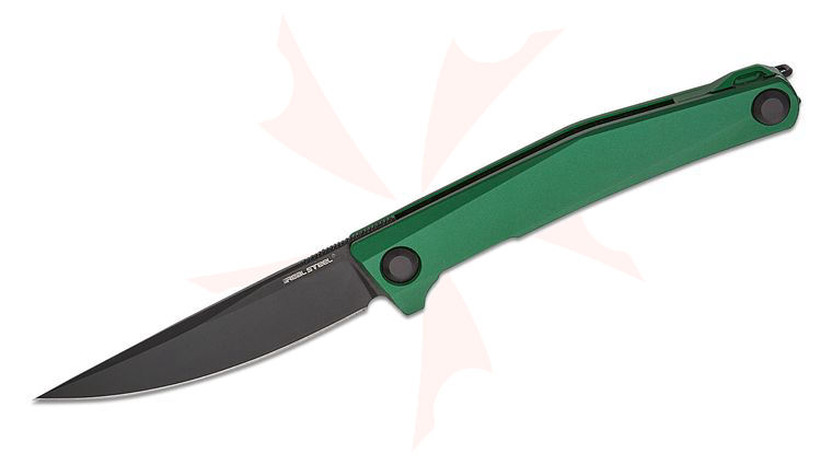Real Steel Knives Poltergeist Works Teres Liner Lock Executive Flipper Knife 3.11 inch Nitro-V Black PVD Drop Point Blade, Green Aluminum Handles