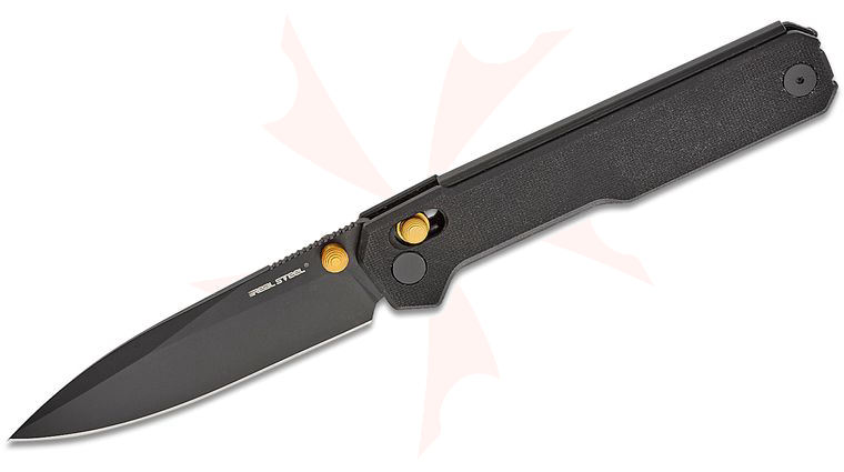 Real Steel Knives Ostap Hel Perix Crossbar Lock Folding Knife 3.5 inch Nitro-V Black PVD Drop Point Blade, Milled Black G10 Handles w/ Gold Hardware