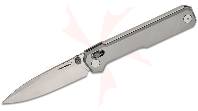 Real Steel Knives Ostap Hel Perix Crossbar Lock Folding Knife 3.5 inch Nitro-V Stonewashed Drop Point Blade, Bead Blasted Titanium Handles