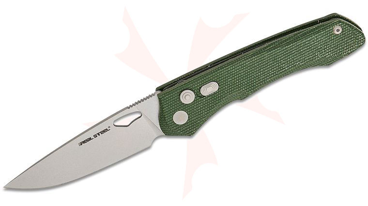 Real Steel Knives Carson Huang Griffin Pro Button Lock Folding Knife 3.54 inch 14C28N Stonewashed Drop Point Blade, Green Micarta Handles