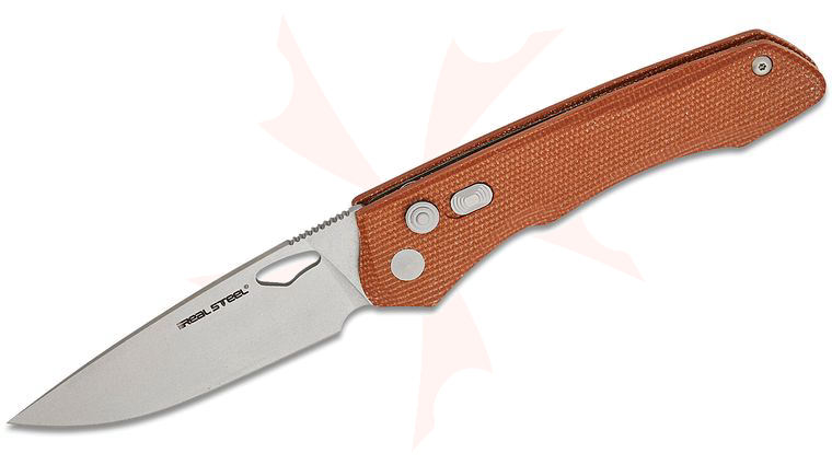 Real Steel Knives Carson Huang Griffin Pro Button Lock Folding Knife 3.54 inch 14C28N Stonewashed Drop Point Blade, Natural Micarta Handles