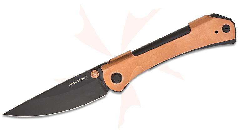 Real Steel Knives Sylph Liner Lock Folding Knife 3.15 inch Black PVD Drop Point Blade, Folded Gold Stainless Steel Handles