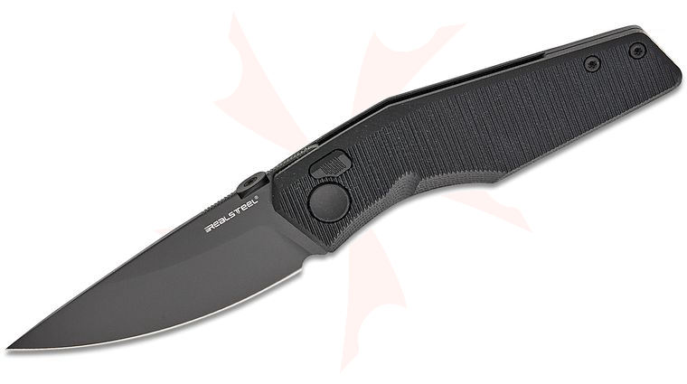 Real Steel Knives Poltergeist Works Spectrum Button Lock Folding Knife 3.39 inch Nitro-V Black PVD Drop Point Blade, Black G10 Handles