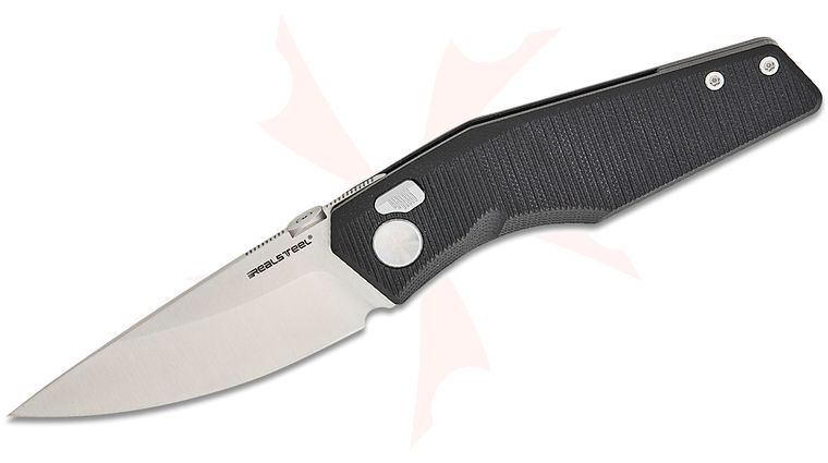 Real Steel Knives Poltergeist Works Spectrum Button Lock Folding Knife 3.39 inch Nitro-V Satin Drop Point Blade, Black G10 Handles