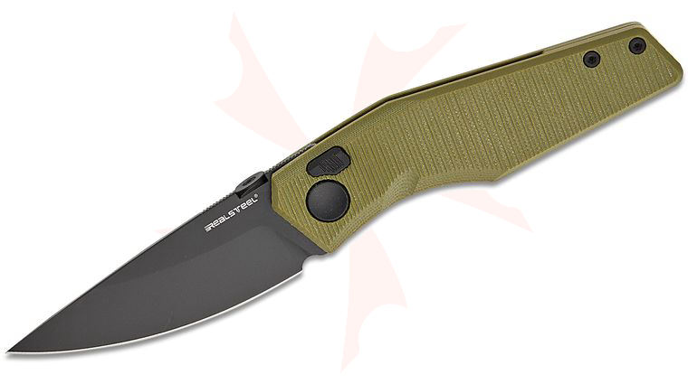 Real Steel Knives Poltergeist Works Spectrum Button Lock Folding Knife 3.39 inch Nitro-V Black PVD Drop Point Blade, OD Green G10 Handles