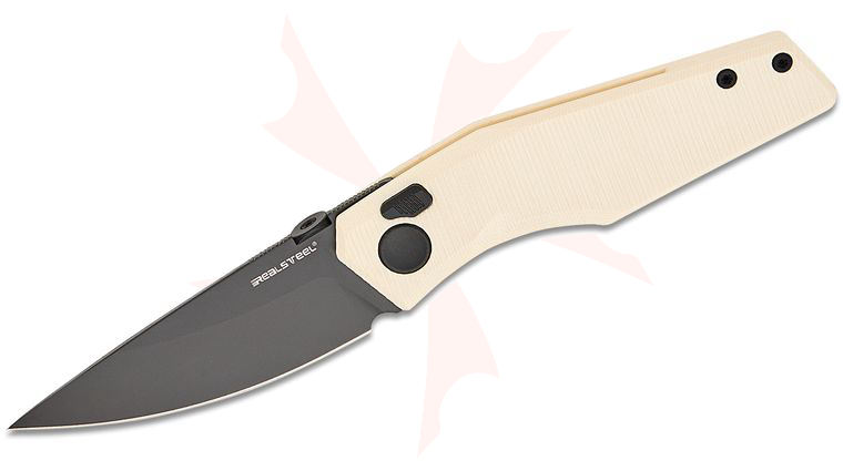 Real Steel Knives Poltergeist Works Spectrum Button Lock Folding Knife 3.39 inch Nitro-V Black PVD Drop Point Blade, Ivory G10 Handles