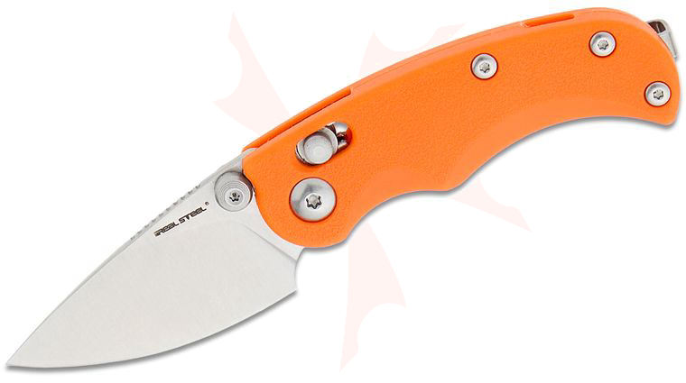 Real Steel Knives Esca Crossbar Lock Folding Knife 2.04 inch 12C27 Satin Drop Point Blade, Orange GFN Handles
