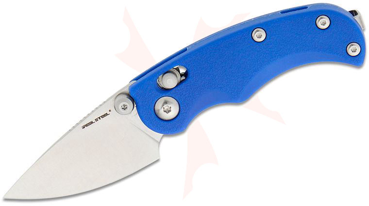 Real Steel Knives Esca Crossbar Lock Folding Knife 2.04 inch 12C27 Satin Drop Point Blade, Blue GFN Handles