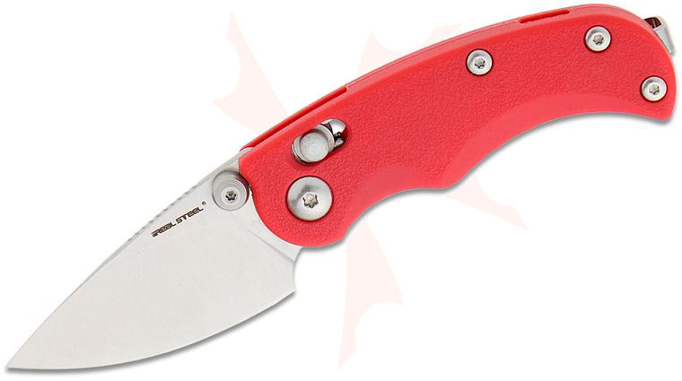 Real Steel Knives Esca Crossbar Lock Folding Knife 2.04 inch 12C27 Satin Drop Point Blade, Red GFN Handles