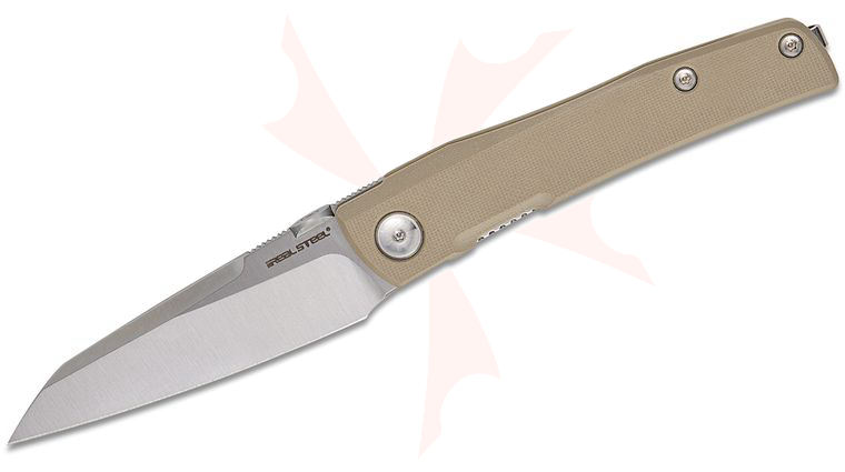 Real Steel Knives Poltergeist Works Destra Phantom Flipper Knife 3.31 inch Nitro-V Satin Sheepsfoot Blade, Coyote Tan G10 Handles
