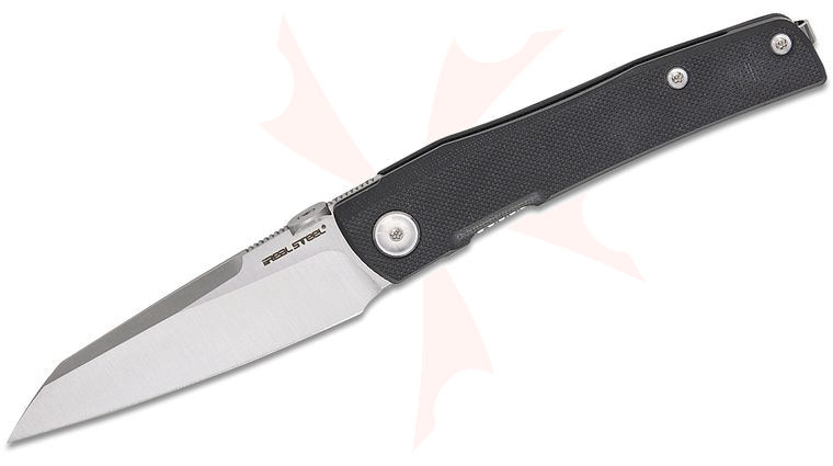 Real Steel Knives Poltergeist Works Destra Phantom Flipper Knife 3.31 inch Nitro-V Satin Sheepsfoot Blade, Black G10 Handles