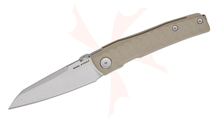 Real Steel Knives Poltergeist Works Destra Phantom Flipper Knife 3.31 inch Nitro-V Stonewashed Sheepsfoot Blade, Grooved Coyote Tan G10 Handles