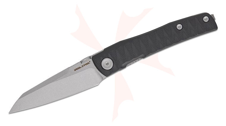 Real Steel Knives Poltergeist Works Destra Phantom Flipper Knife 3.31 inch Nitro-V Stonewashed Sheepsfoot Blade, Grooved Black G10 Handles