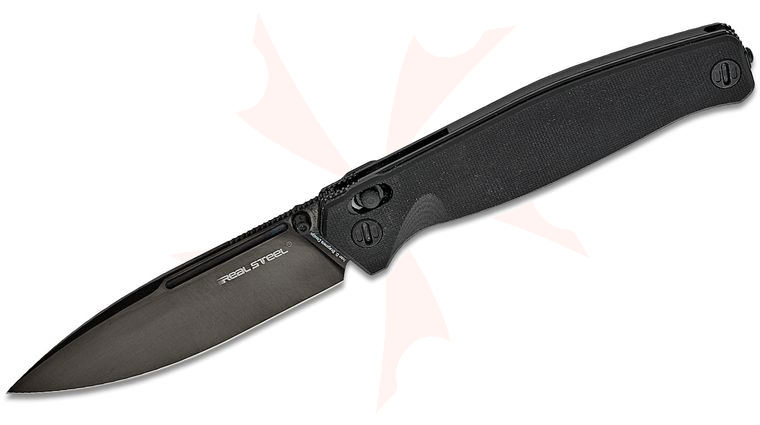 Real Steel Knives Huginn Slide Lock Folding Knife 3.66 inch S35VN Black DLC Drop Point Blade, Milled Black G10 Handles