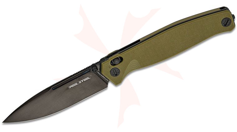 Real Steel Knives Huginn Slide Lock Folding Knife 3.66 inch S35VN Black DLC Drop Point Blade, Milled OD Green G10 Handles