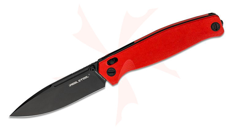 Real Steel Knives Huginn Slide Lock Folding Knife 3.66 inch VG-10 Black Drop Point Blade, Milled Red G10 Handles