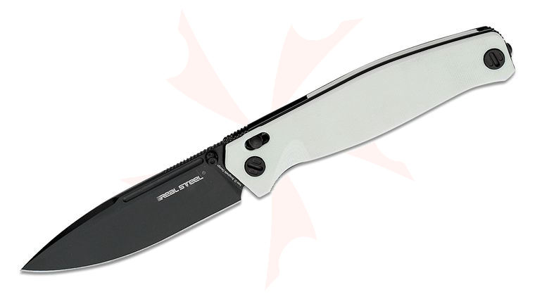 Real Steel Knives Huginn Slide Lock Folding Knife 3.66 inch VG-10 Black Drop Point Blade, Milled White G10 Handles