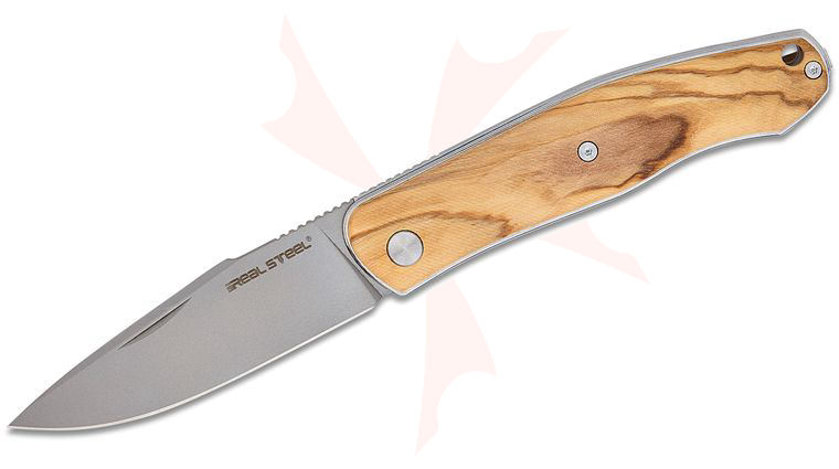 Real Steel Knives Serenity Slipjoint Folding Knife 3.375 inch N690 Satin Drop Point Blade, Olive Wood Handles
