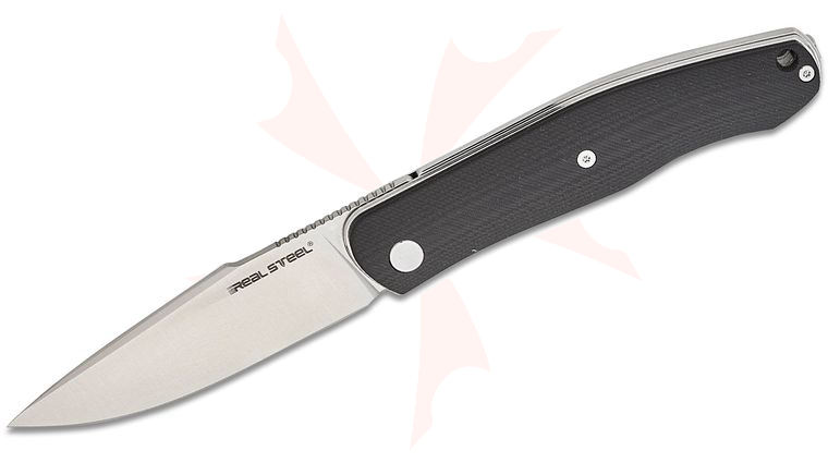 Real Steel Knives Serenity Liner Lock Front Flipper Knife 3.43 inch N690 Satin Harpoon Drop Point Blade, Black G10 Handles