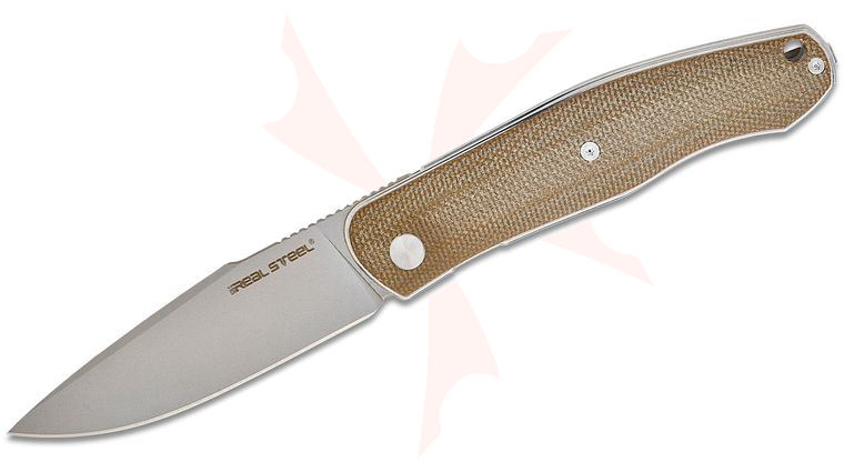 Real Steel Knives Serenity Liner Lock Front Flipper Knife 3.43 inch N690 Bead Blast Harpoon Drop Point Blade, Green Canvas Micarta Handles