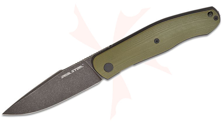 Real Steel Knives Serenity Liner Lock Front Flipper Knife 3.43 inch N690 Black Stonewashed Harpoon Drop Point Blade, OD Green G10 Handles