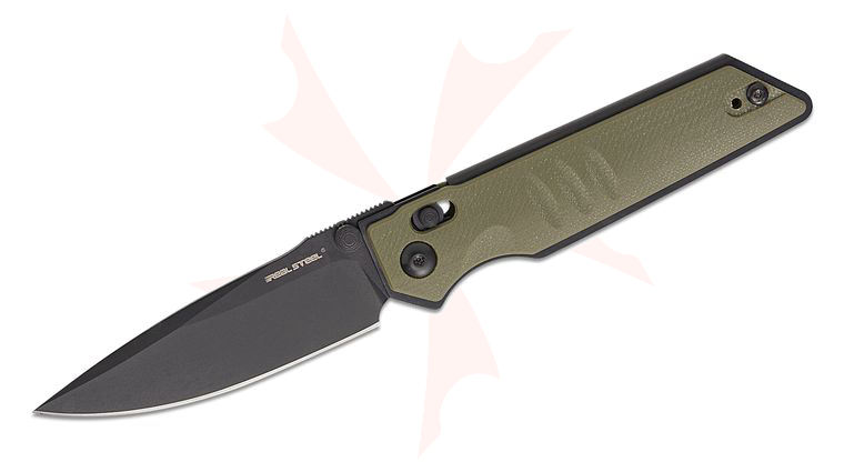 Real Steel Knives Sacra Slide Lock Folding Knife 3.25 inch K110 Black Drop Point Blade, OD Green G10 Handles
