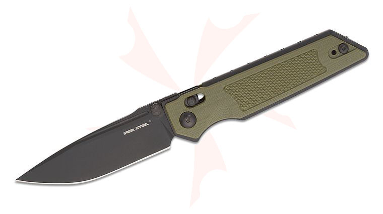 Real Steel Knives Sacra TAC Slide Lock Folding Knife 3.25 inch K110 Black Modified Drop Point Blade, Textured OD Green G10 Handles