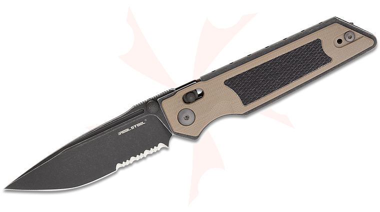 Real Steel Knives Sacra TAC Slide Lock Folding Knife 3.25 inch K110 Black Stonewashed Serrated Modified Drop Point Blade, Textured Tan/Black G10 Handles