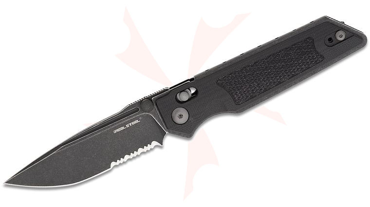 Real Steel Knives Sacra TAC Slide Lock Folding Knife 3.25 inch K110 Black Stonewashed Serrated Modified Drop Point Blade, Textured Black G10 Handles