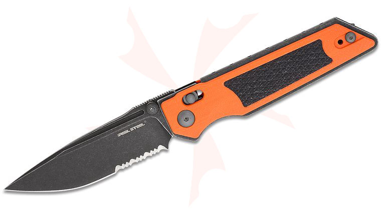 Real Steel Knives Sacra TAC Slide Lock Folding Knife 3.25 inch K110 Black Stonewashed Serrated Modified Drop Point Blade, Textured Orange/Black G10 Handles