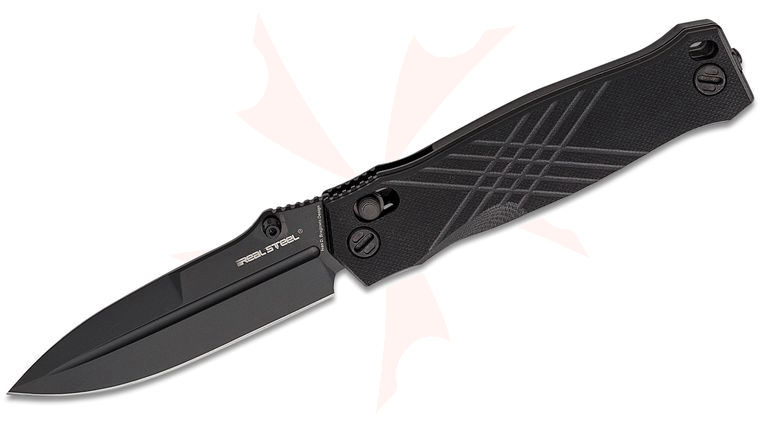 Real Steel Knives Muninn Slide Lock Folding Knife 3.62 inch VG-10 Black Spear Point Blade, Milled Black G10 Handles