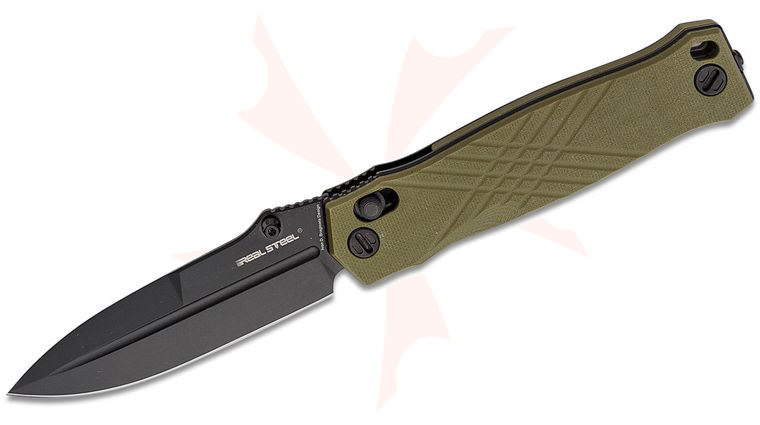 Real Steel Knives Muninn Slide Lock Folding Knife 3.62 inch VG-10 Black Spear Point Blade, Milled OD Green G10 Handles