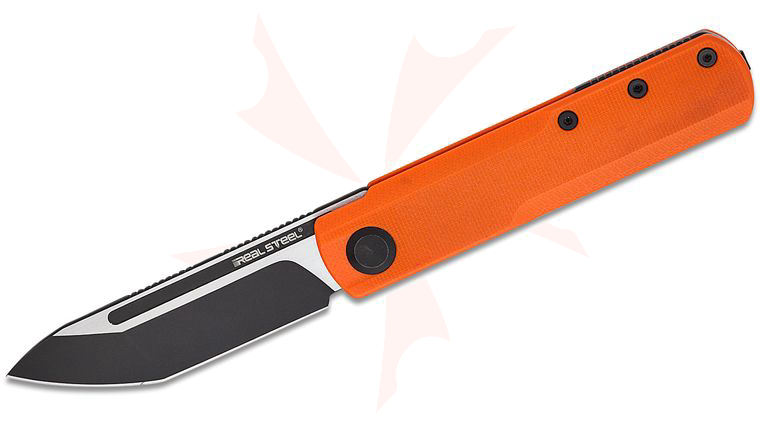 Real Steel Knives Ostap Hel G-Tanto Slipjoint Folding Knife 2.75 inch Nitro-V Black Tanto Blade, Orange G10 Handles
