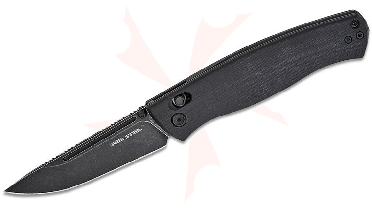 Real Steel Knives Pathfinder Bushcraft Slide Lock Folding Knife 3.83 inch Black Stonewashed Sandvik 14C28N Saber Drop Point Blade, Black G10 Handles