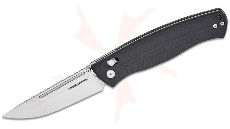 Real Steel Knives Pathfinder Bushcraft Slide Lock Folding Knife 3.83 inch Stonewashed Sandvik 14C28N Saber Drop Point Blade, Black G10 Handles
