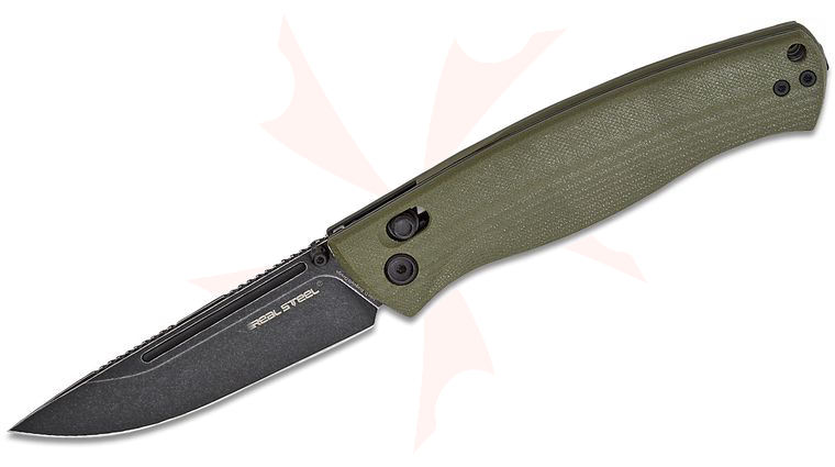 Real Steel Knives Pathfinder Bushcraft Slide Lock Folding Knife 3.83 inch Black Stonewashed Sandvik 14C28N Saber Drop Point Blade, Green G10 Handles