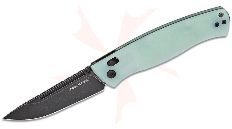 Real Steel Knives Pathfinder Bushcraft Slide Lock Folding Knife 3.83 inch Black Stonewashed Sandvik 14C28N Saber Drop Point Blade, Natural (Jade) G10 Handles