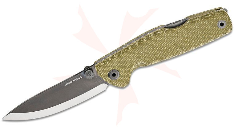 Real Steel Knives Yak Lockback Bushcraft Scandi Grind Folding Knife 3.7 inch 14C28N Two-Tone Drop Point Blade, Green Canvas Micarta Handles