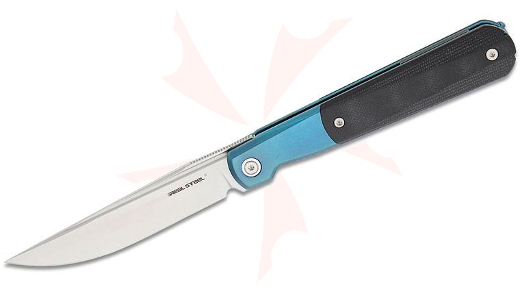 Real Steel Knives Real Barlow RB-7 Essential Front Flipper Knife 3.27 inch 14C28N Satin Clip Point Blade, Black G10 and Blue Steel Handles